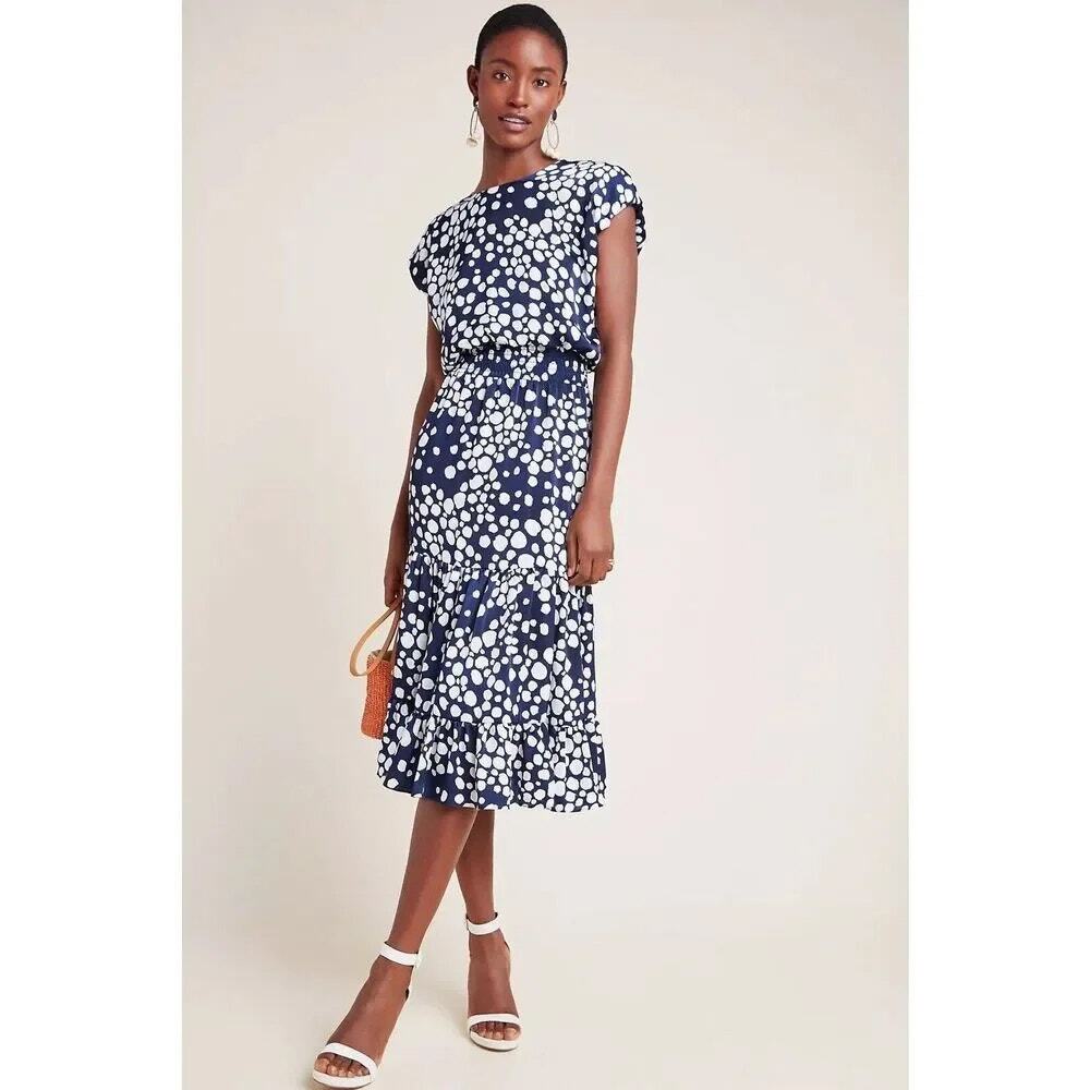 Misa Los Angeles Anali Dress Blue White Polka Dot Cap Sleeve Midi SZ XS